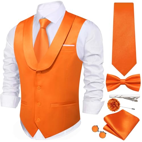 Barry.Wang Vest Tie Set for Men Solid Color Suit Vest Necktie Cufflinks Bow Tie Set Formal Business Wedding Party Orange