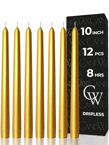 CANDWAX 10 inch Gold Taper Candles Set of 12 - Dripless Christmas Candles Taper - Long Burning and Fragrance-Free - Gold Candlesticks