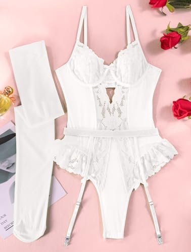 Image of Lilosy Sexy Stocking Lace Mesh Bodysuit Top Underwire Garter Lingerie Set 3 Piece
