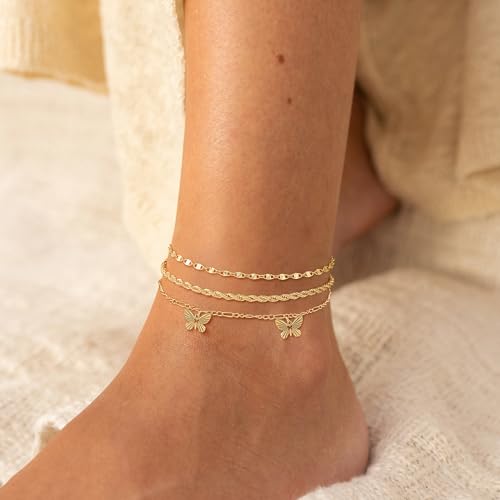 Anklets for Women,Waterproof 14K Gold/Sterling Silver Plated Ankle Bracelets for Women Layered Cuban Herringbone Chain Anklet Bracelet Set Beach Jewelry2