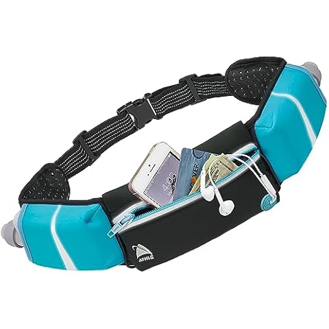 Athlé Running Belt - 2 10oz Water Bottles, Large Fanny Pack Pocket Fits All Phones and Wallet, Bib Fasteners, Adjustable One Size Fits All Waist Band, Key Clip, 360° Reflective - Blue Speed Sash Cover