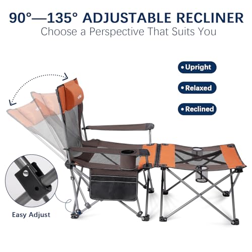 Image of apollo walker Reclining Beach Chair, Adjustable 90-135 Backrest Camping Lounge Chairs for Adults, Folding Chair with Foot Rest & Detachable Pillow - Upgraded 8-Leg, Orange