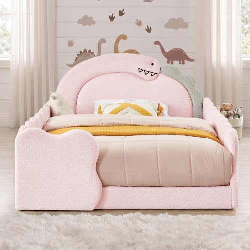 Image of Full Bed Frame for Kids, Floor Platform Bed Dinosaur, Pink