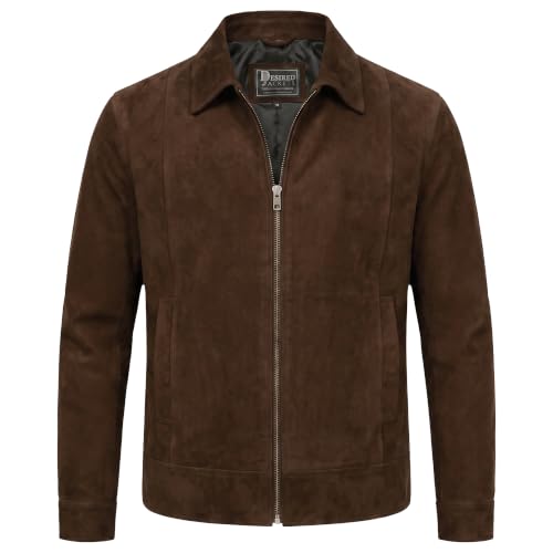 Image of Mens Polo Collar Zipper Suede Shirts Long Sleeve Shacket Suede Trucker Jacket Real Suede Leather Shirt