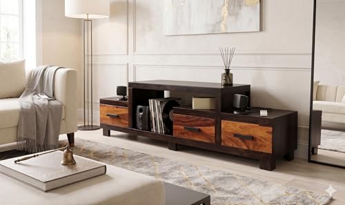 Image of Essentia Rosewood Shessham Wood 3 Drawer, Solid Wood TV Entertainment Unit Living Room & Office (Finish - Walnut Finish)