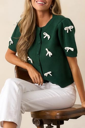 Image of Kedera Women's Casual Short Knit Bow Sweater Crew Neck Puff Sleeve Shirts Sweater Loose Blouses Tops
