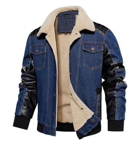 INVACHI Mens Denim Jaceket Vintage Fleece Lined Lapel Trucker Jacket with Leather Patchwork