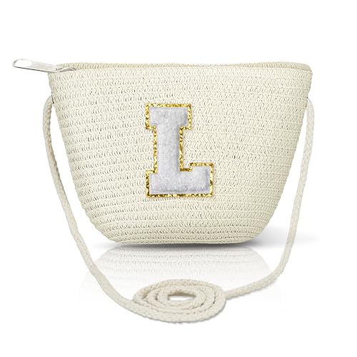 Bolsa transversal de palha para mulheres bolsas de verão iniciais feitas à mão bolsa de praia tecida para viagens férias presentes de aniversário personalizados, Bege-grande-l