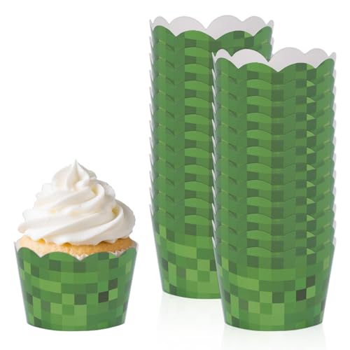 24uds Envoltorios para Cupcakes de Píxeles, Envoltura de Cupcakes con Temática Videojuegos Envoltorios Tartas con Hierba Verde para Decoración Tartas y Postres Fiestas Cumpleaños Niños