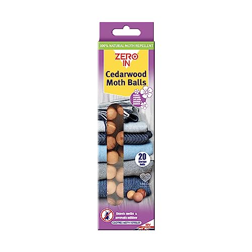 Zero In Cedarwood Moth Repellent Ball - 20-Pack. Made from 100% Natural Eastern Aromatic Red Cedar for Effective, Long-lasting, Chemical-free Control. Place in Wardrobes, Drawers and Cupboards