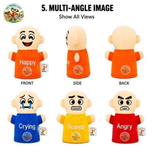 Image of Emotions Hand Puppets for Kids (Pack of 6) | Happy, Crying, Angry, Sad, Scared & Surprised Emotion Puppets | Educational Learning Toy | Feelings & Social Emotional Learning.