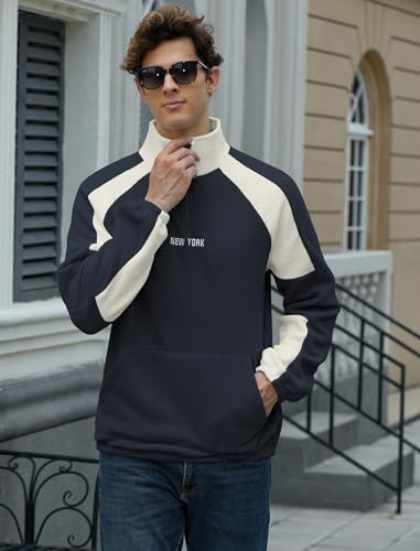 ZAFUL Men's Polar Fleece Sweatshirt NEW YORK Embroidered Quarter Zip Kangaroo Pocket Colorblock Stand Collar Pullover (0-Deep Blue, L)2
