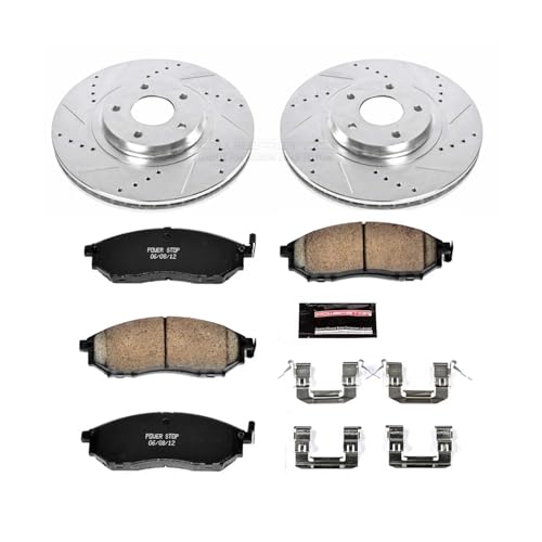 Image of PowerStop Front Brake Kit for Nissan Murano 2011-14 - Drilled and Slotted Disc Rotors with Carbon-Fiber Ceramic Brake Pads Replacement, K5263