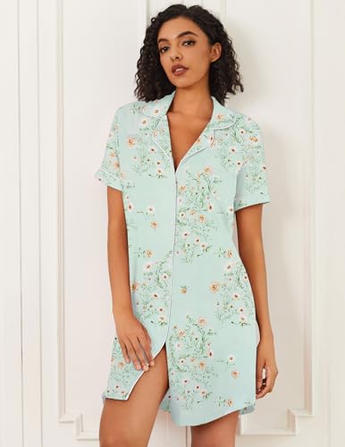 Image of Ekouaer Nightgowns for Women Bamboo Viscose Sleep Shirts Button Down Night Shirt Short Sleeve Boyfriend Pajama Dress