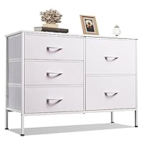 WLIVE Chest of Drawers for Bedroom with 5 Drawers, Fabric Drawers with Easy Pull Handle, Wood Top and Sturdy Steel Frame, Fabric Storage Unit for Living Room, Kids Room, Closet, White