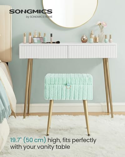 Image of SONGMICS Vanity Stool Chair Faux Fur with Storage, Vanity Bench, Metal Legs, Adjustable Feet, for Living Room, Bedroom, Makeup Room, Moonlight Green ULOM505CZ02