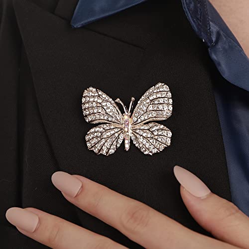 Image of Silver Crystal Champagne Winged Butterfly Brooch for Women Girls Mens Unisex Suit Dress Jewelry Vintage Insect Brooch