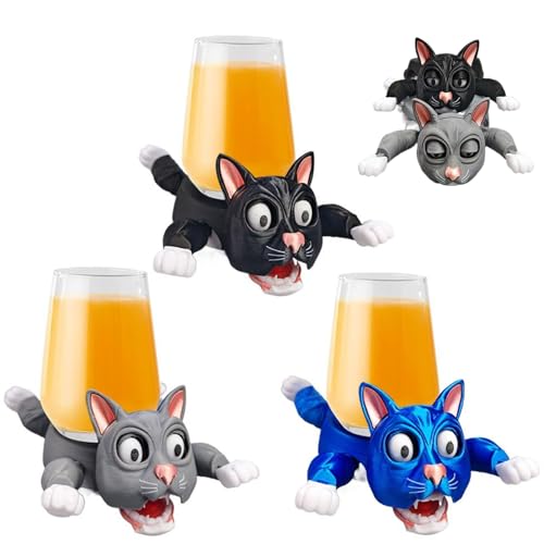 面白いキャットコースター 3Dプリント 動くねこコースター オープンアイドキャットティーコースター 耐熱 滑り止め カップホルダー 猫形コースター 表情豊かな顔を備えた 驚きねこカップマット ホーム/オフィス装飾 プレゼント