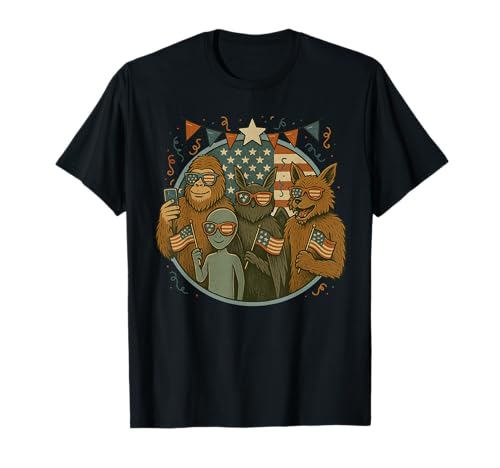 Mothman Alien And Bigfoot 4th of July American Flag Cryptid T-Shirt