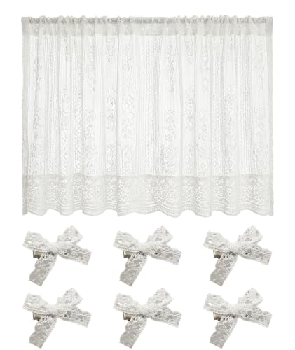 Image of piercing Curtains for Kitchen, Lace Curtains, Kitchen Window Curtains, Sheer Curtains, Kitchen Curtains 29 inchx39 inch Tier 1-Panel Rod Pocket Floral Scalloped Cafe Light Filter White (Lace) (White)