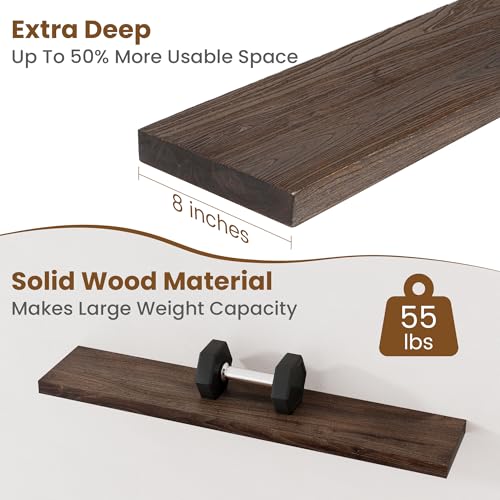 Image of Floating Shelves for Wall Decor, 8 Inch Deep Rustic Solid Elm Wood Floating Shelves Wall Mounted, Wall Shelves with Invisible Bracket for Living Room Bathroom Bedroom Kitchen, 40 Inch Set of 1, Walnut