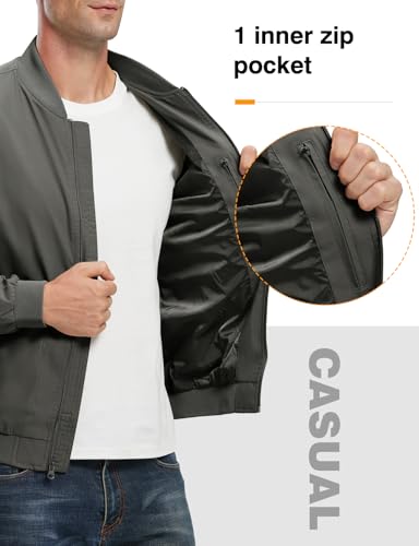 TBMPOY Men's Lightweight Bomber Jackets Light Windbreaker Casual Stylish Fall Golf Zip Up Fashion Dress Business Varsity Charcoal Grey L