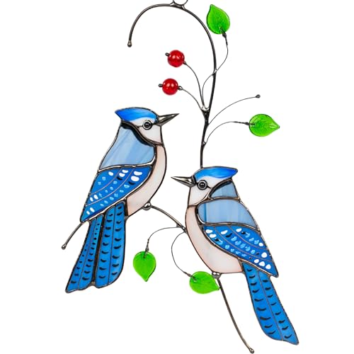 Blue Jay Birds Handmade Stained Glass Suncatcher Genuine Stained Glass