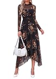 PRETTYGARDEN Women's Floral Mesh Midi Dress,Floral Black Yellow,M