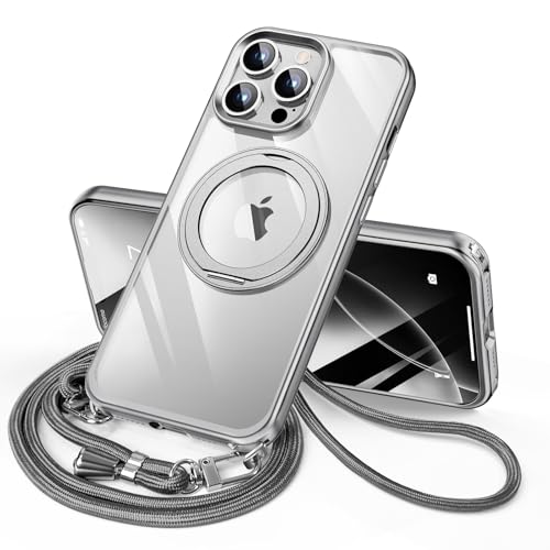 LUTSIDUTA iPhone 13Pro Max 用 ケース ダブルリング付き ショルダー ストラップ付き 多機能360度回転スタンド MagSafe対応 ワイヤレス充電対応 耐衝撃 薄型 透明 PC + 軽量 シリコン TPUバンパー おしゃれ スマ