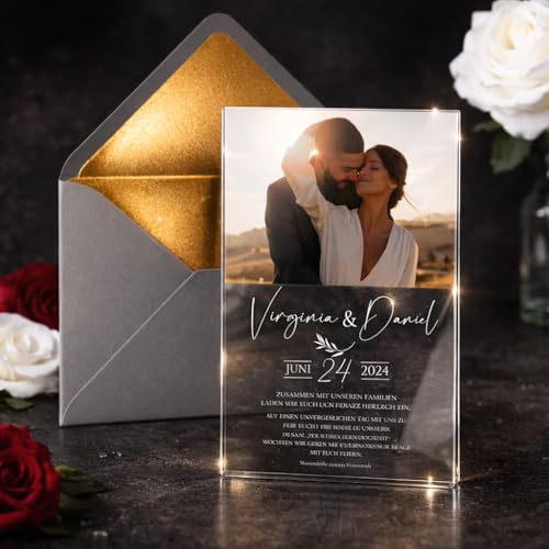 Manschin-Laserdesign Hochzeitseinladungen | Edle Einladungskarten aus Acrylglas für Hochzeit, Geburtstag, Partys - personalisierbar mit Ihrem Wunschtext - mit UV Druck