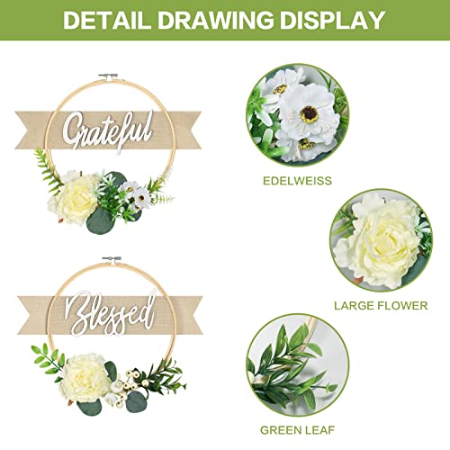 Rosecraft 2Pcs Blessed/Grateful Sign Wall Hanging Decor Include Artificial Green Plant/Fake Flower For Spring/Summer Boho Style Bedroom Home/House Living Room Aesthetic Decor Mother Day/Grandma Gifts #TOP2