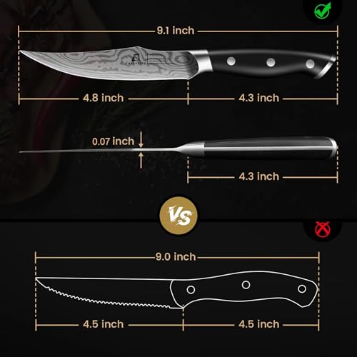 Coquusaid Steak Knives Set Of 6, 4.8 Inch Non Serrated Razor-Sharp Durable Dinner Knives With Rest, German Stainless Steel Damascus Pattern Full Tang Forged thumb #6