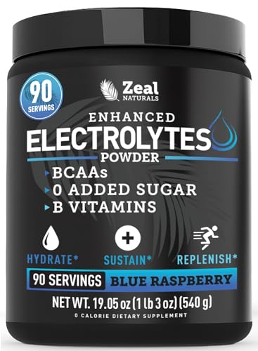 Image of Zeal Electrolyte Powder - 90 Servings | Keto Electrolytes Powder | Zero Sugar, BCAAs, B-Vitamins | Potassium, Zinc, Magnesium | Hydration Powder Recovery Drink | Blue Raspberry