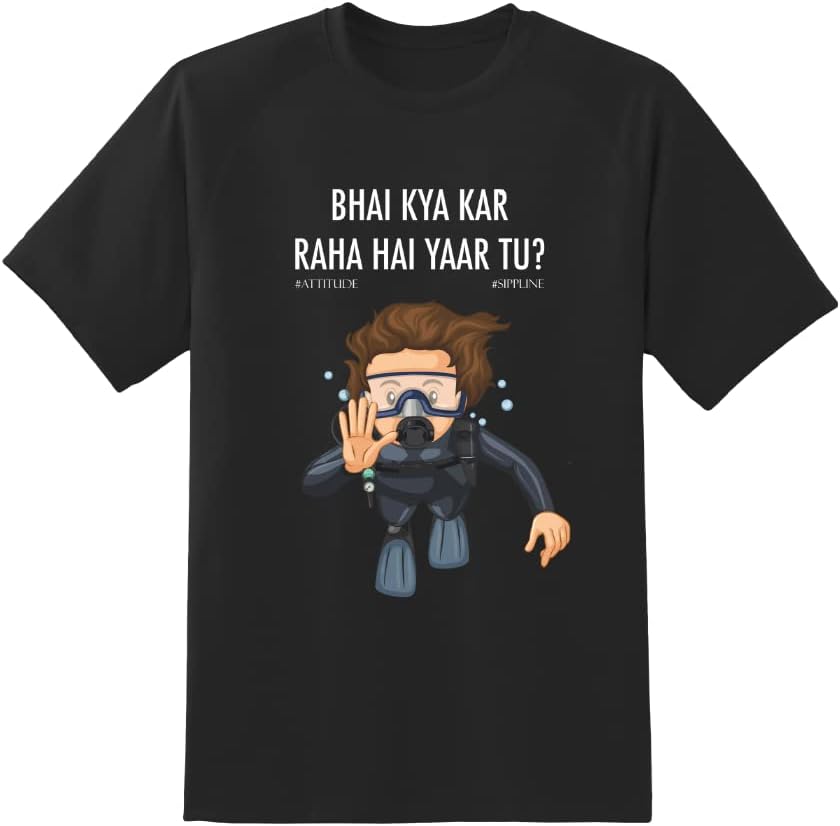 SipplineDigital Print Unisex Cotton T-Shirt Bhai Kya Kar Raha Hai Scuba Diver Sr No 26 - Black
