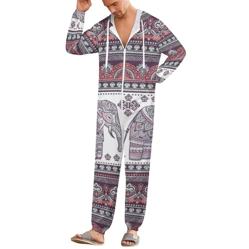 TVUGHGI Indian Tribal Elephant Onesie Pajama for Unisex Adult Long Sleeves Fashion One-Piece Halloween Hooded Zip-up Sleepwear M
