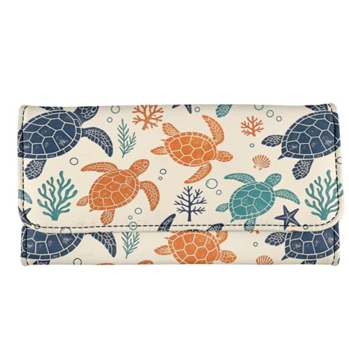 Image of AFPANQZ Women's Leather Wallet Women Wallets, Colorful Turtle Soft Leather Trifold Large Capacity Ladies Travel Purse Dust Resistnt Wallet
