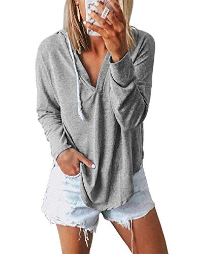 Kirundo 2020 Women’s Deep V Neck Hoodie Long Sleeves Solid Color Drawstring Belt Sweatshirt Loose Tops Blouses (Small, Gray)