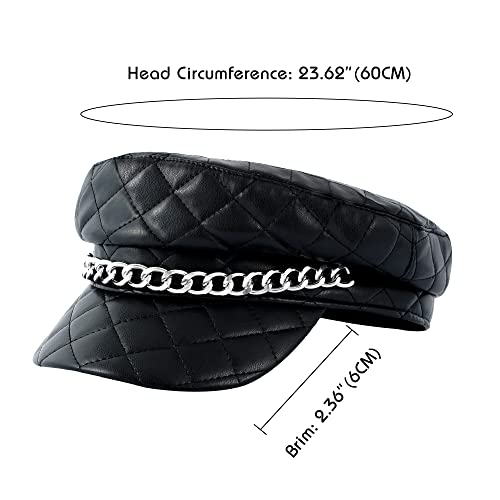 Docila Black Newsboy Hat Women Checks Pu Leather Fiddler Fisherman Cap Flat Top Baker Boy Cap Peaked Visor Beret With Chain Decoration #TOP2