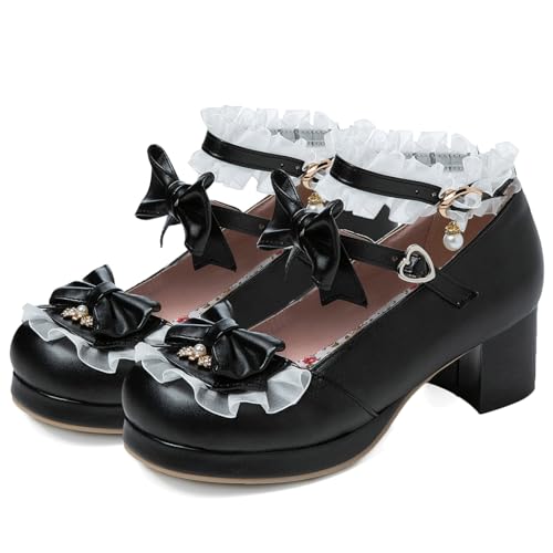 Women Cute Lolita Shoes Platform Mary Janes Kawaii Strappy Ankle Strap Sweet Pumps Lace Cross Tied Dress Pumps