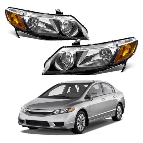 AXLAHA Headlight Assembly for 2006 2007 2008 2009 2010 2011 Honda Civic Sedan 4 Door Black Housing with Amber Reflector Clear Lens Headlamp Replacement LH+RH
