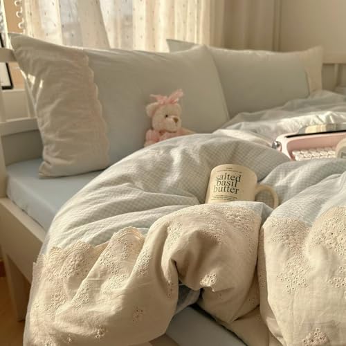 Image of MKXI Blue Gingham Duvet Cover Set King Size - Delicate White Lace Trimmed Soft Washed Microfiber Bedding Set, Vintage Cottagecore Style for Girls & Teens, 3-Piece with Zipper Closure