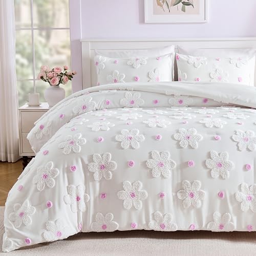 Image of Full Comforter Set for Girls Soft Pink Tufted Daisies Flowers Bedding Sets | CotComf 3 Pieces Full Size Floral Bedding Set for Girls Full Bed in A Bag Cute Comforter Bed Set for Kids Teen Girls Women