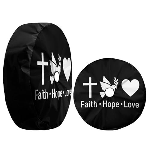 Image of KiuLoam Faith Hope Love Cross Heart Spare Tire Cover with Backup Camera Hole Universal Sunscreen Waterproof Wheel Covers for Trailer RV SUV Truck and Many Vehicles (14 inch for Diameter 23 inch-27 inch)