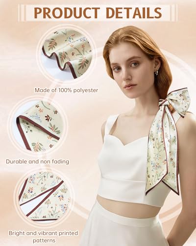 Mesovor Silk Feeling Head Scarf Headband Hair Neck Scarves for Women, Fashion Satin Skinny Scarf Headbands for Country Concert Western Outfits (Brown (Flowers)) — view 4