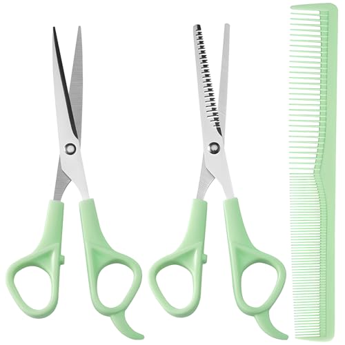 Hair Cutting Scissors Thinning Shears and Comb Set, 2 Pack 6 inch Professional Stainless Steel Barber Scissors with Sharp Blades and 1 Pack Comb for Men Women Kids and Pets Hair - Green