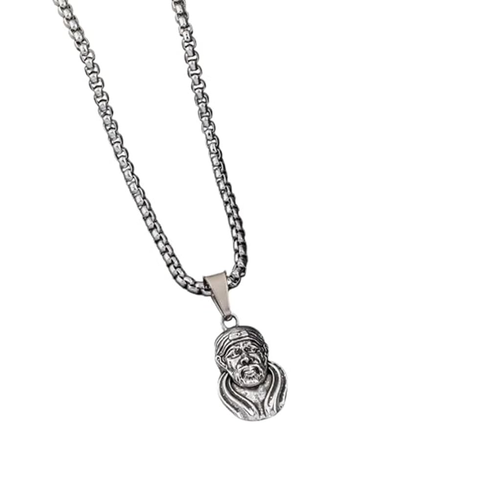 mk gallery Sai Baba Karungali Pendant with Silver Tone Chain Shirdi Sai Baba Face Locket for Men & Women Spritual Jewellery for Casual Wear-picture-45