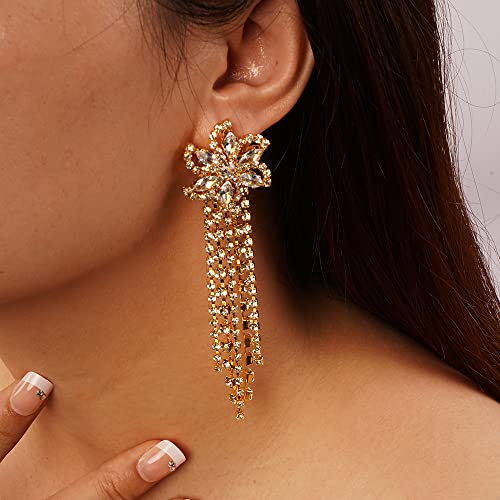 Rumtock ボヘミアンフリンジチェーン クリスタルフラワーシャンデリア ダングルドロップイヤリング ゴールドタッセルイヤリング レディース ガールズ ウェディングブライド用キラキラジュエリー