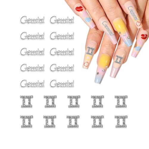 JERCLITY 20pcs Silver Alloy Gemini Zodiac Nail Charms 10pcs Gemini Sign Symbols Nail Charms 10pcs Gemini Constellation Words Nail Charms for Nails（Gemini Dates: May 21 to June 21）, JSP401