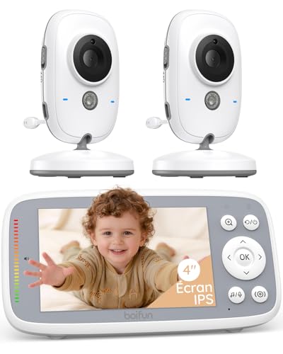 BOIFUN 4'' Babyphone 2 Cameras Bebe Surveillance sans WiFi, Vision Nocturne Infrarouge Invisible, HD 720P, Interphone Bidirectionnel, Berceuses, Détecteur...