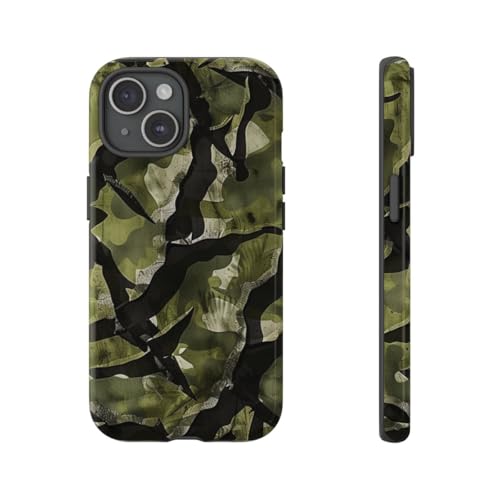Coque rigide brillante iPhone 15 au motif artistique camouflage vert et noir premium